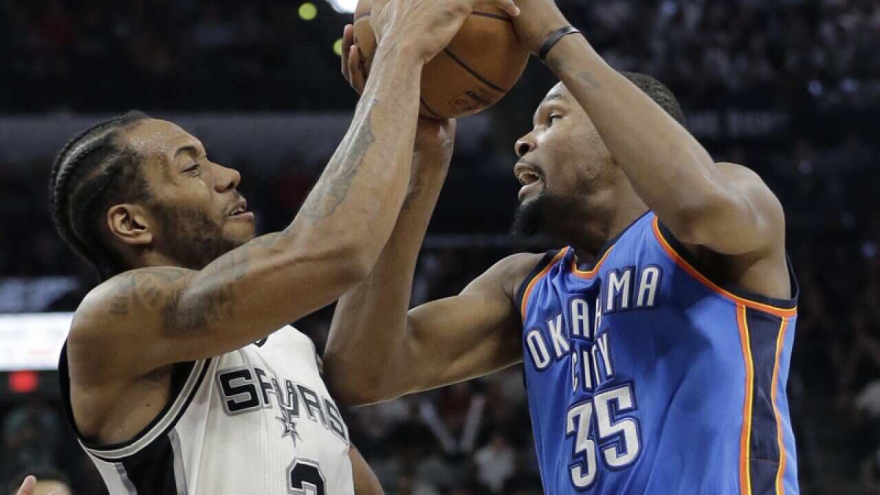 Oklahoma City's Kevin Durant and San Antonio's Kawhi Leonard