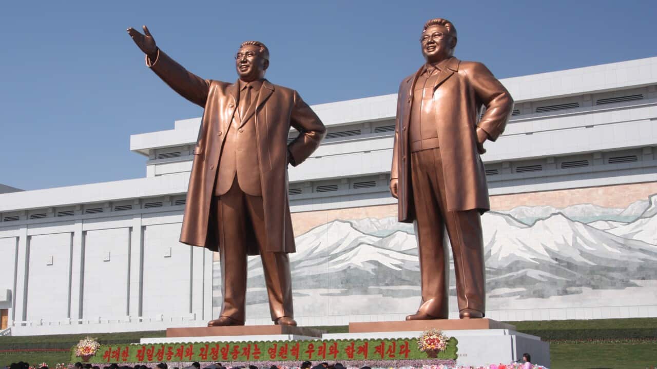 Statues of North Korean leaders Kim Il Sung and Kim Jong Il on Mansu Hill in Pyongyang