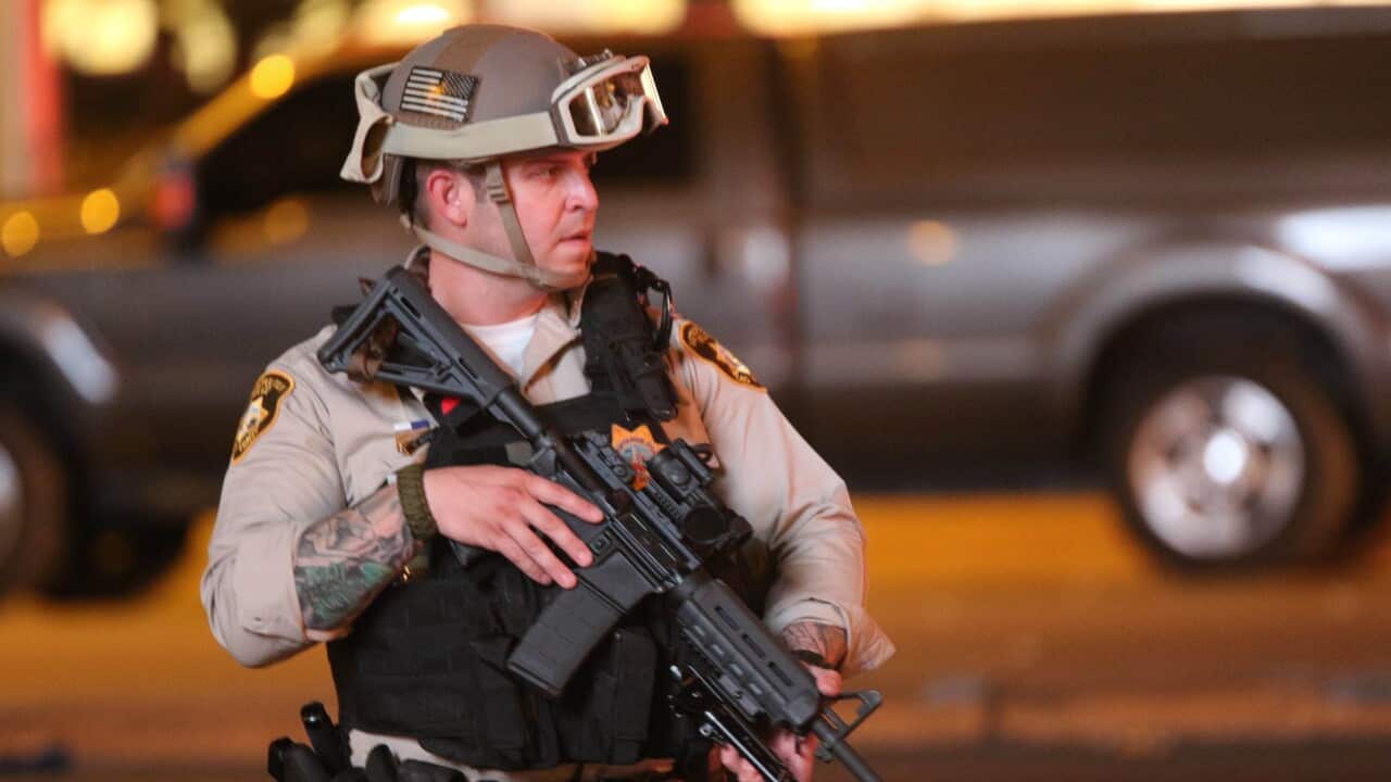 Police officer in the immediate aftermath of the mass shooting on the Las Vegas Strip.