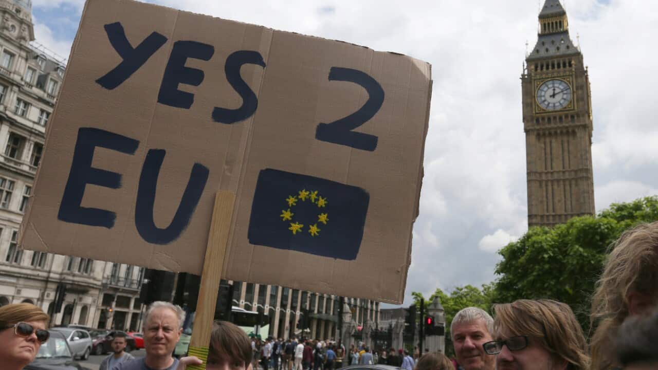Demonstrators opposing Britain's exit from the European Union demonstrate in Parliament Square following yesterday's EU referendum result, London