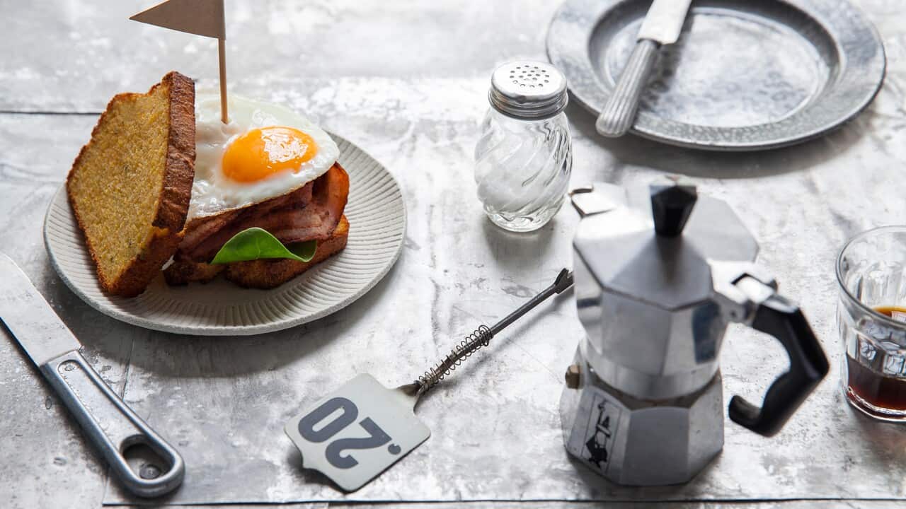 Cornbread, bacon and egg sandwich