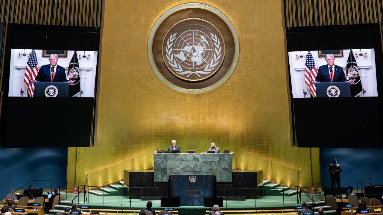 In this photo provided by the United Nations, Donald Trump, president of the United States, speaks in a pre-recorded message played during the 75th session of the United Nations General Assembly, Tuesday, Sept. 22, 2020, at U.N. headquarters in New York.