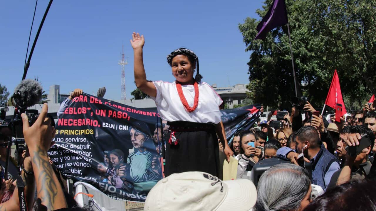 Maria de Jesus Patricio Martinez, spokesperson for the Indigenous Council of Government, greets the supporters after registering her candidacy.
