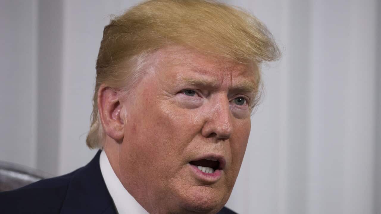 US President Donald Trump speaks before a meeting with Irish Prime Minister Leo Varadka.