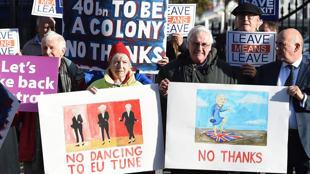 Pro-Brexit demonstrators protest outside Downing Street in London, Britain, 14 November 2018.