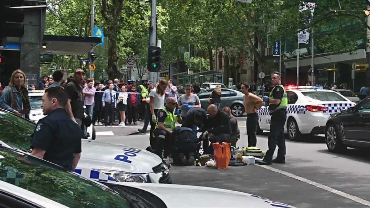 Police and emergency services at the scene after a car hit pedestrians in Bourke Street Mall in Melbourne, 20/01/17
