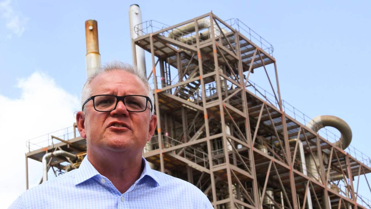 Australian Prime Minister Scott Morrison speaks to the media during a visit to Northern Oil Refinery in Gladstone, QLD, Thursday, January 21, 2021. (AAP Image/Lukas Coch) NO ARCHIVING