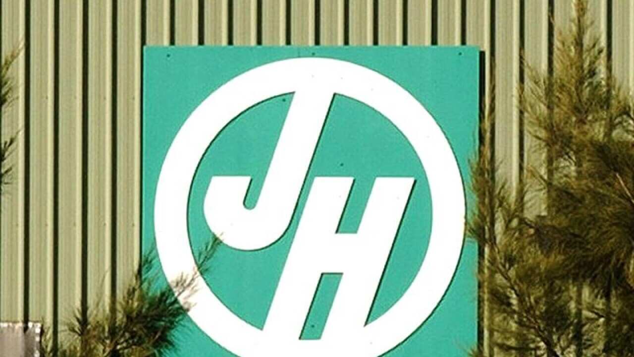 This is a file image of the James Hardie logo on a building in Sydney.