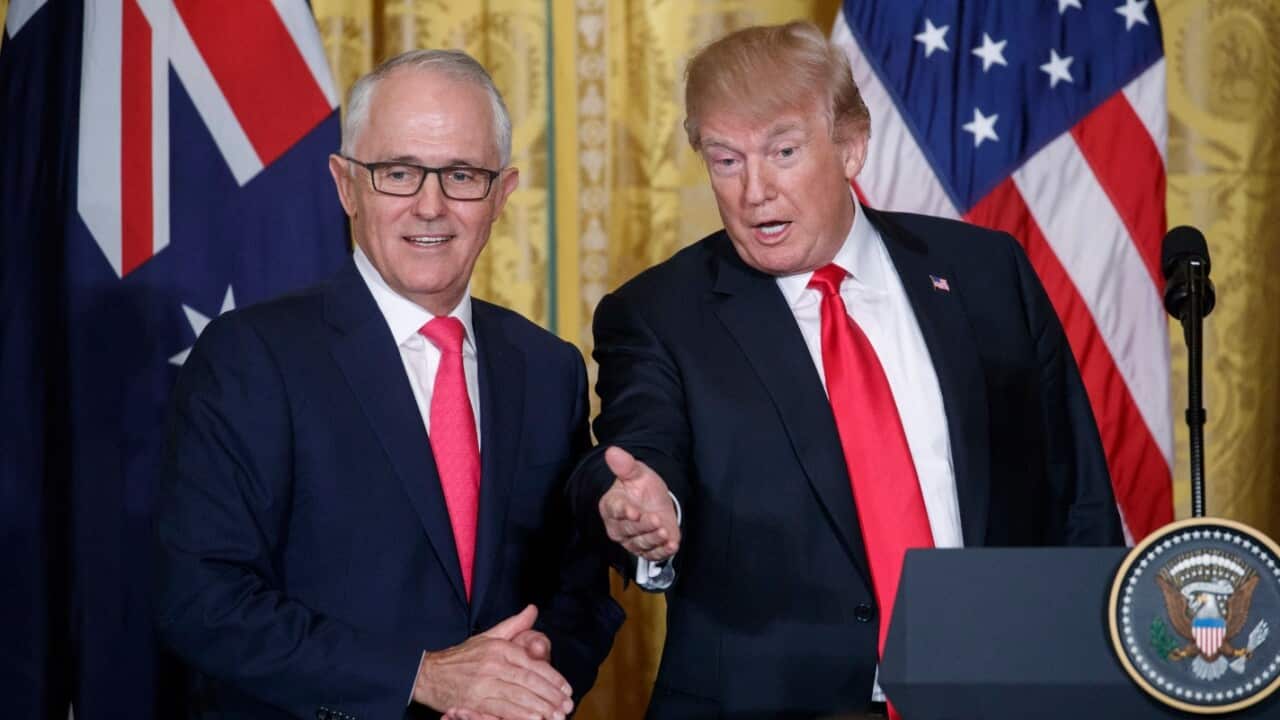 US President Donald J. Trump (R) and Prime Minister of Australia Malcolm Turnbull (L) walk from the stage following a joint press conference on Feb 23