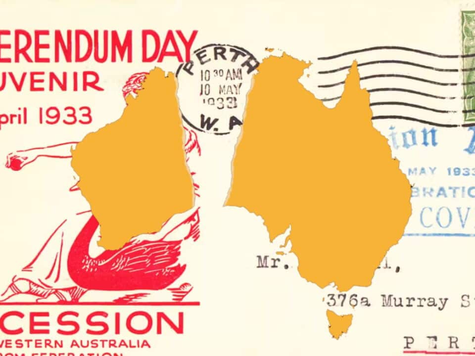 A referendum postcard and an outline of Australia ripped at western Australia.