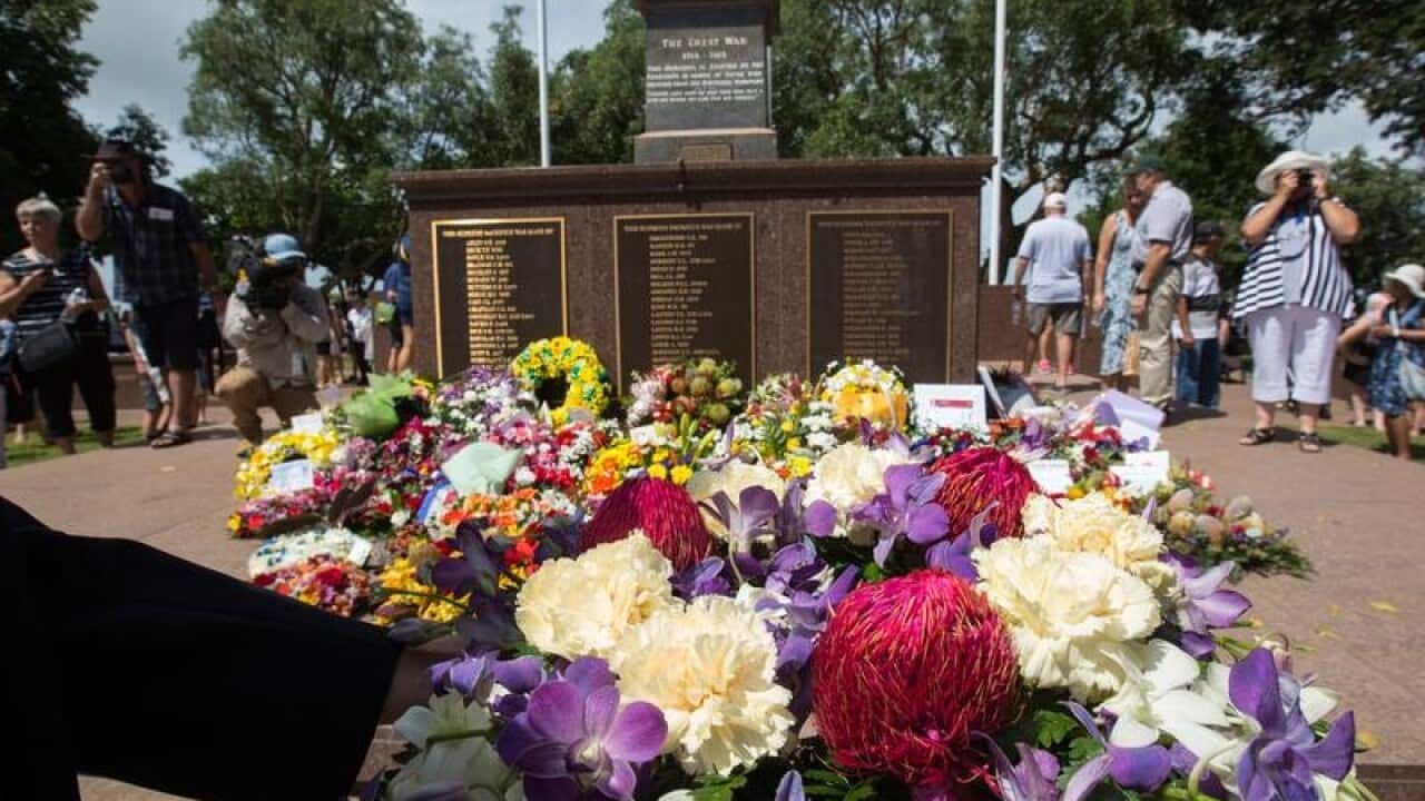 Wreaths at the Darwin war memorial for the 2017 bombing anniversary.