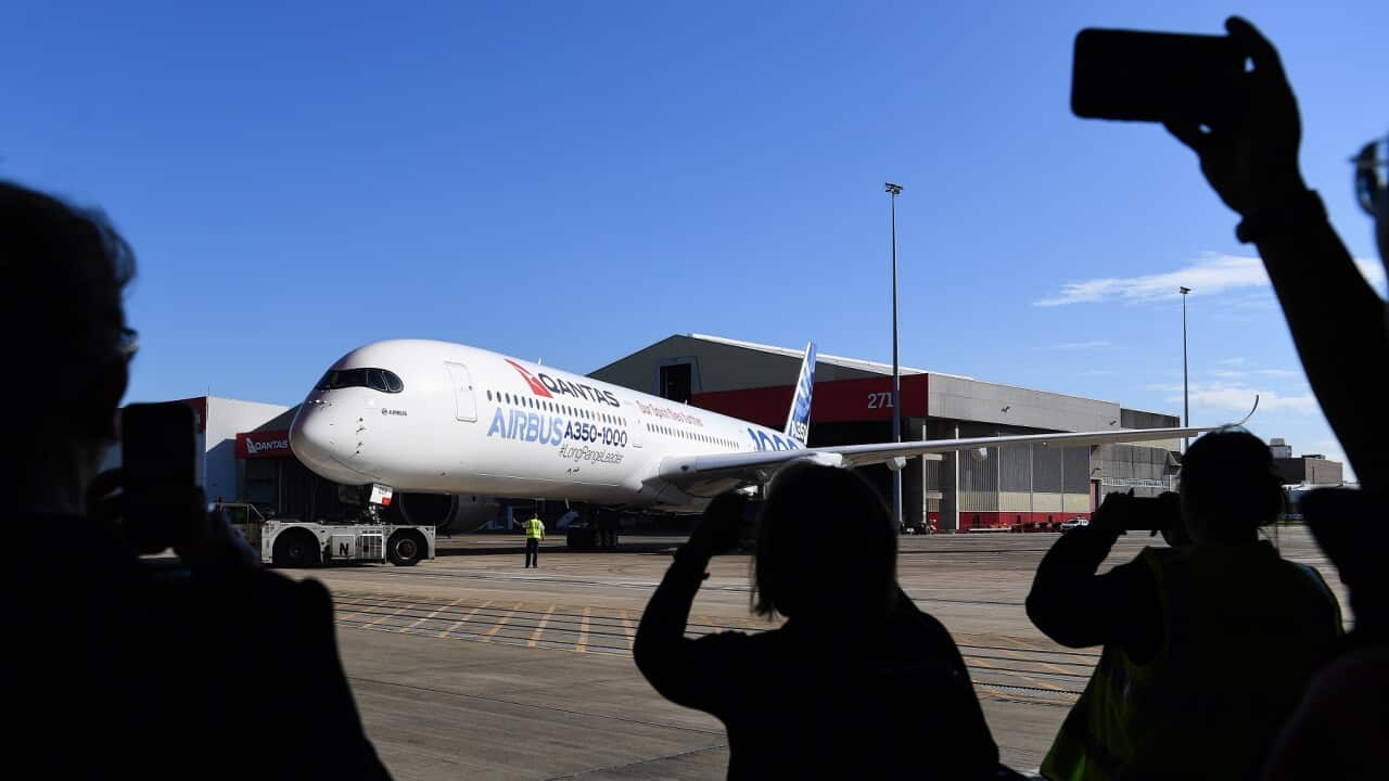 The new Qantas Airbus A350-1000 arrives at Sydney Domestic Airport.