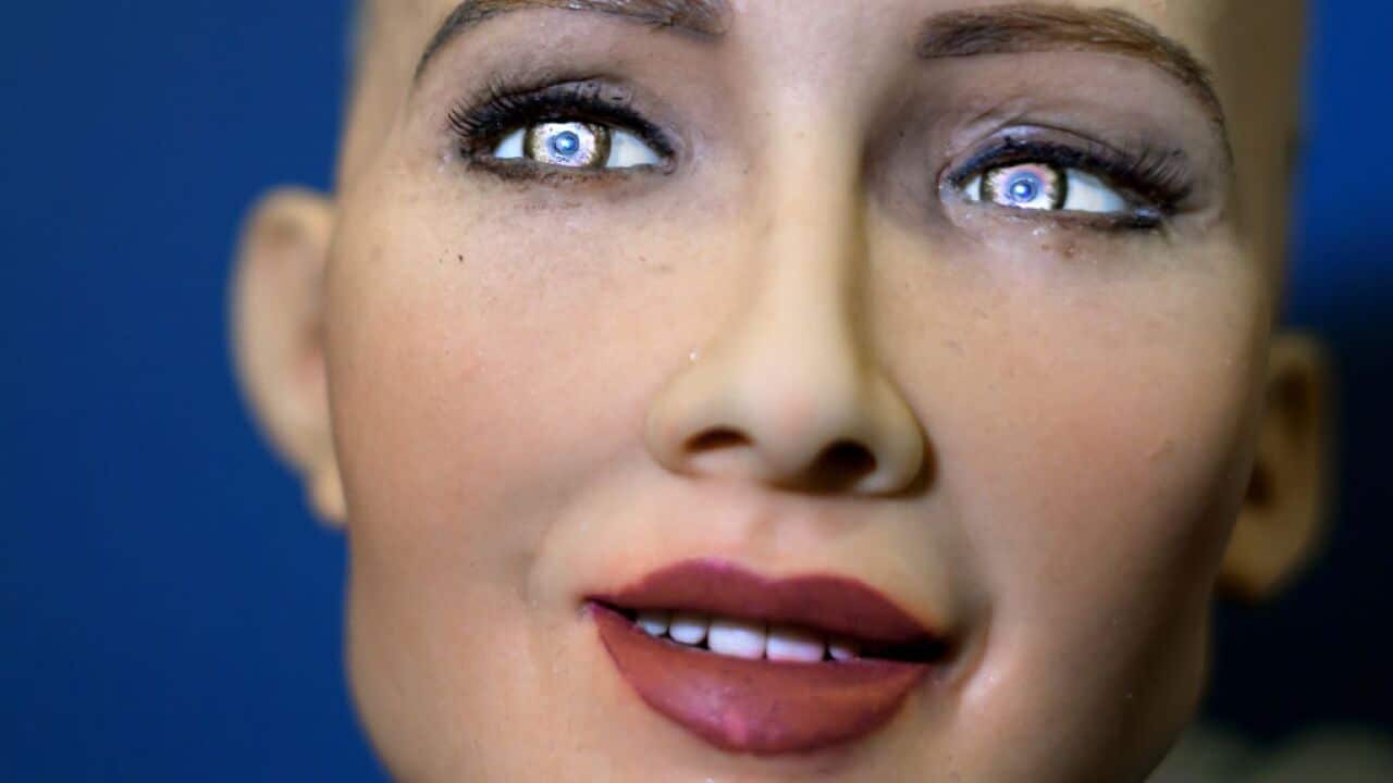 "Sophia" an artificially intelligent (AI) human-like robot developed by Hong Kong-based humanoid robotics company Hanson Robotics is pictured during the "AI for Good" Global Summit hosted at the International Telecommunication Union (ITU) on June 7, 2017.