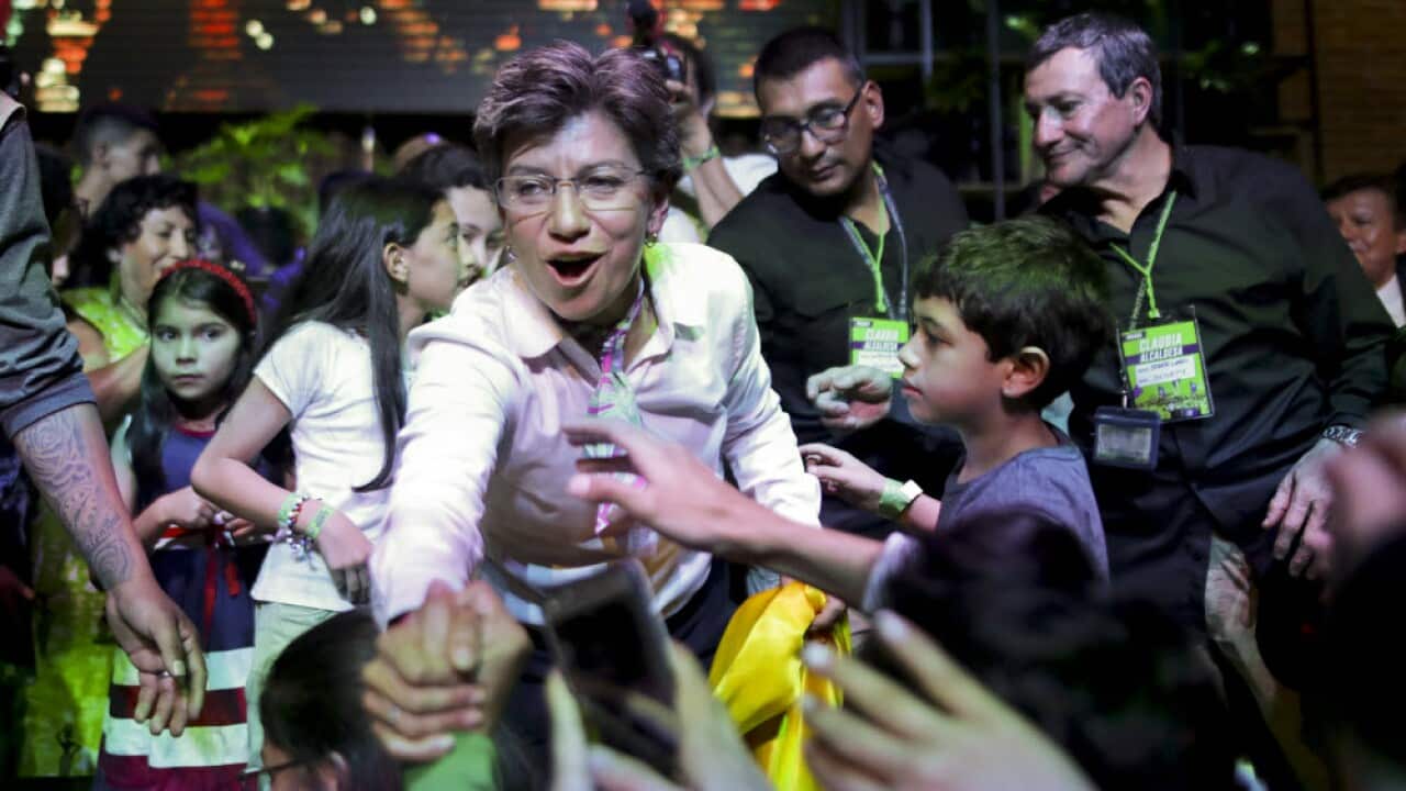 Claudia Lopez, candidate for mayor of Bogota with the Green Alliance, celebrates her election victory in Bogota, Colombia,