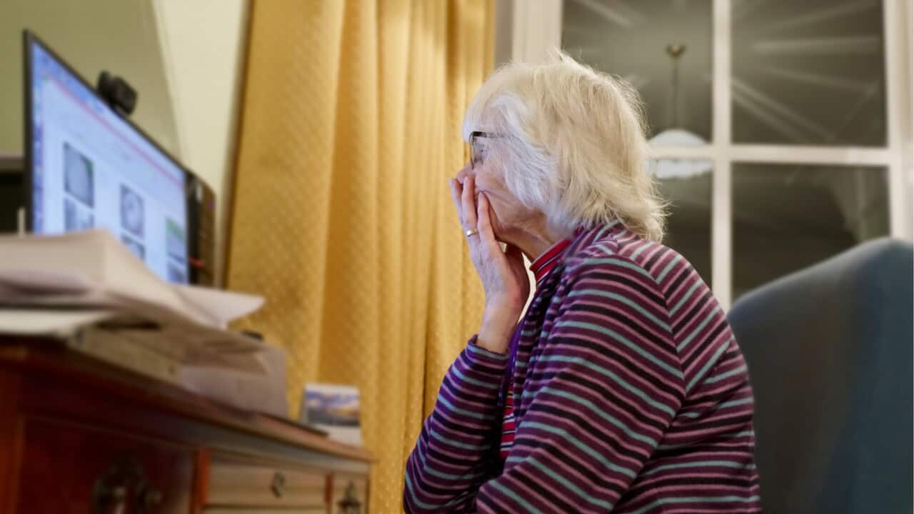 Old elderly senior person learning computer and online internet skills protect money scam and fraud