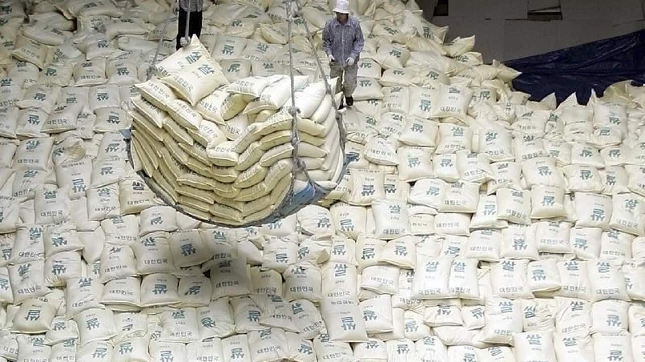 South Korean workers load packs of rice for North Korea