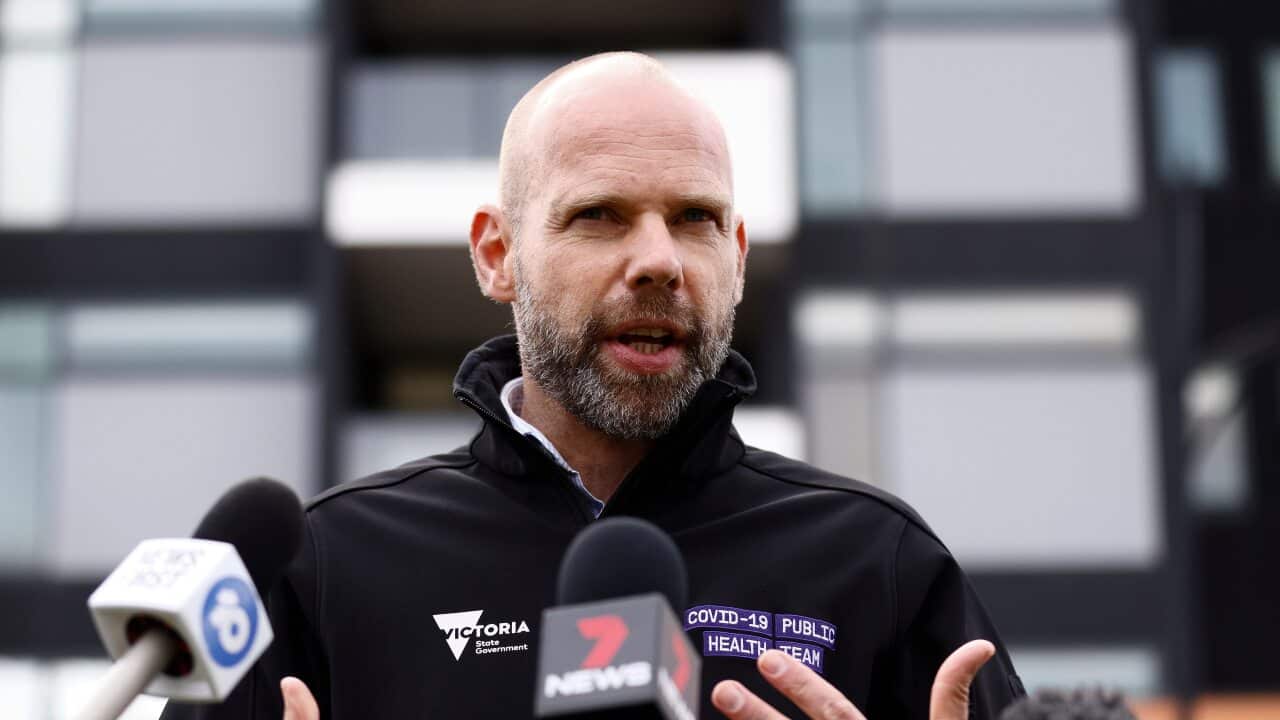 Victorian COVID-19 Commander Jeroen Weimar speaks to the media outside Ariele Apartments in Maribyrnong, Melbourne, on Tuesday, July 13, 2021.