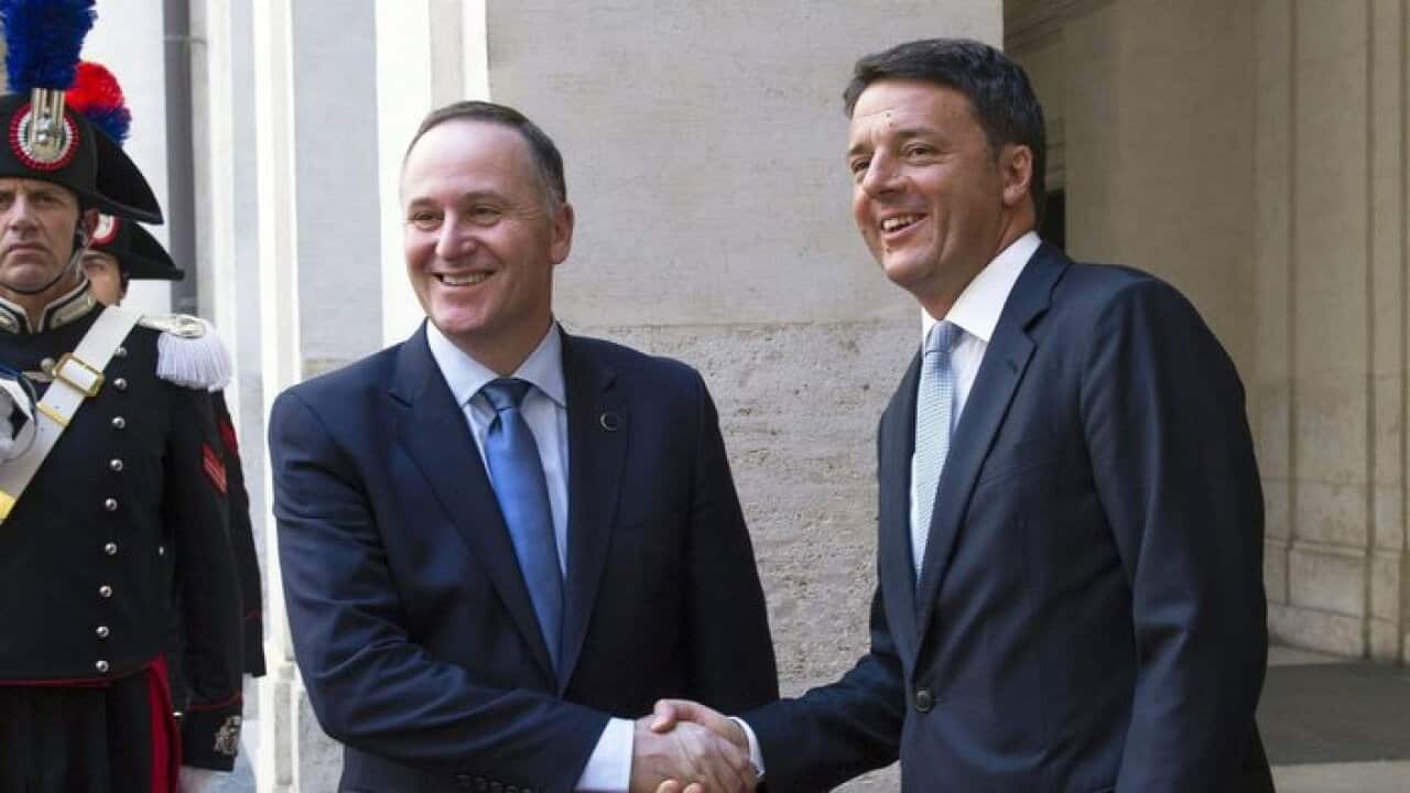 A handout picture released by the Chigi Palace's Press Office on 13 July 2016 shows Italian Premier Matteo Renzi (R) shaking hands with New Zealand Prime Minister John Key (L) as they meet at the Chigi Palace in Rome, Italy, 13 July 2016. According to med
