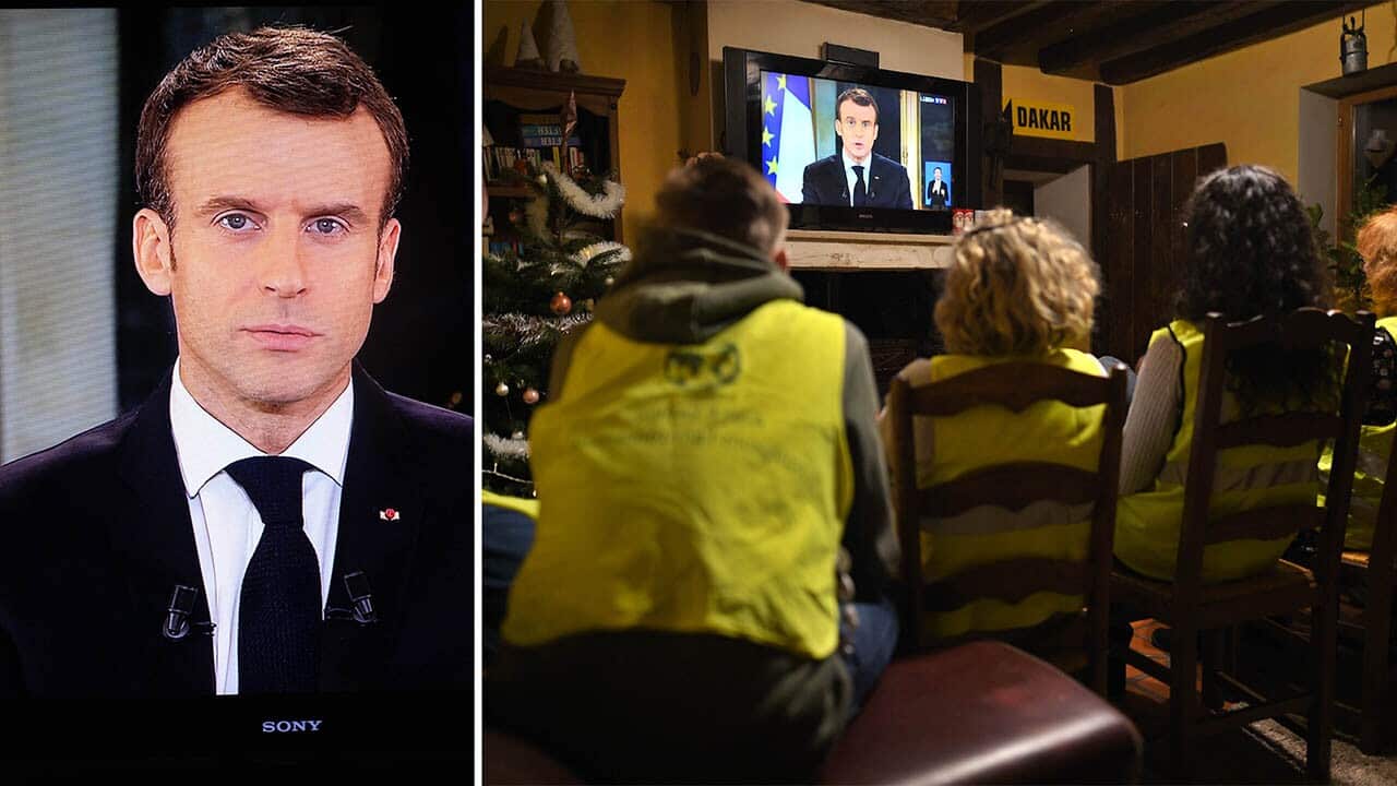 Yellow vests protesters are listening french president Emmanuel Macron speaking during a special address to the nation.