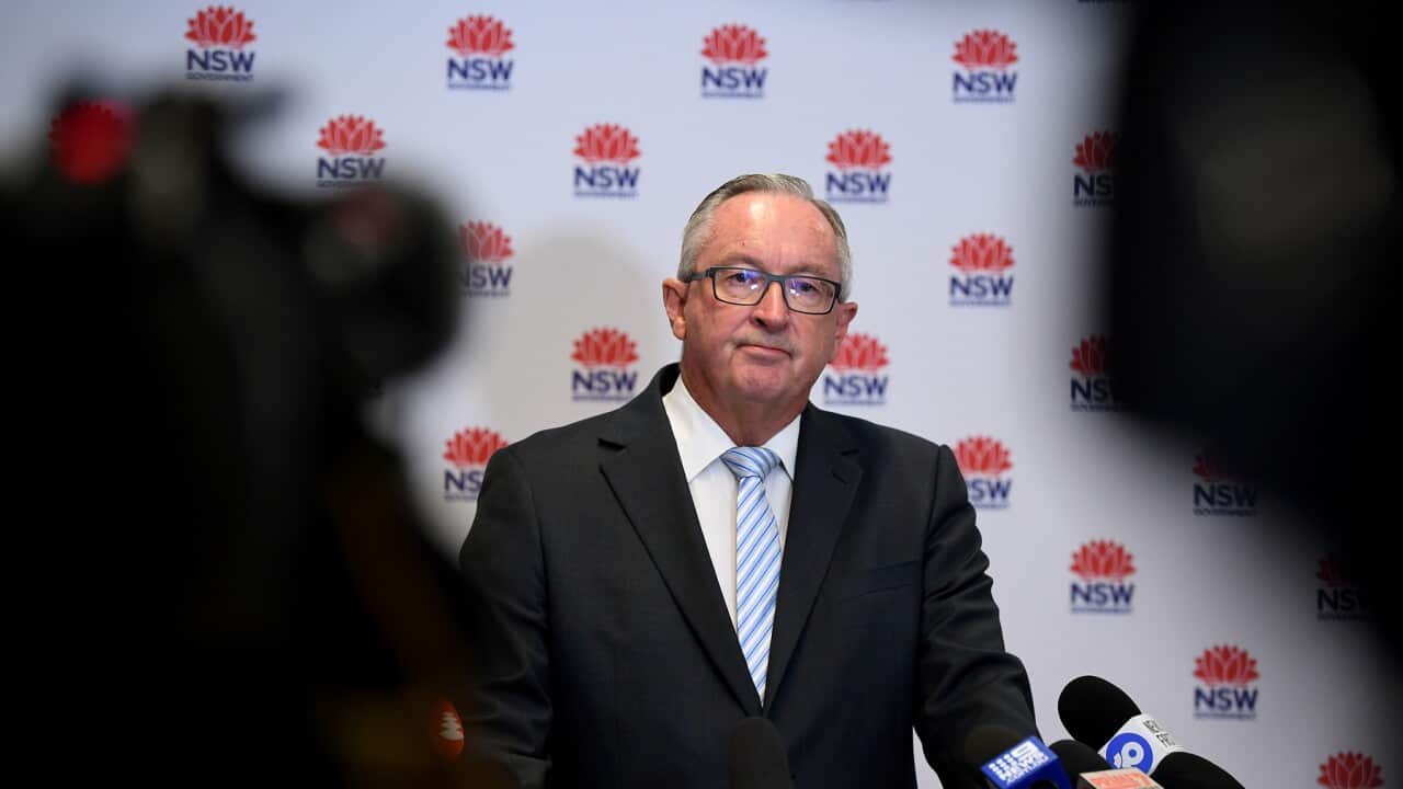 Health Minister Brad Hazzard during an announcement regarding 2020 influenza vaccine, in Sydney, Monday, March 2, 2020. (AAP Image/Joel Carrett) NO ARCHIVING