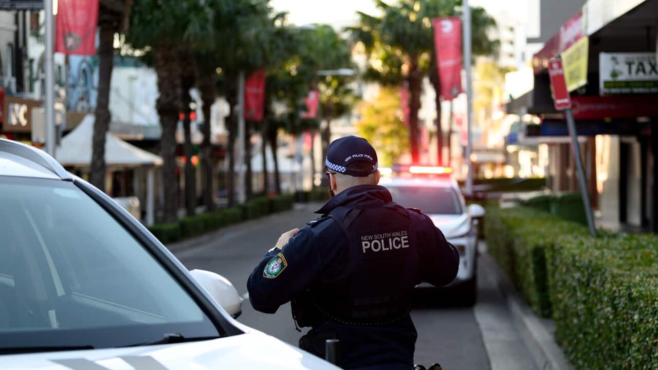 A NSW police officer facing away from a camera on a street with police cars