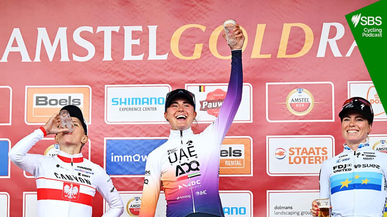 VALKENBURG, NETHERLANDS - APRIL 19: (L-R) Kasia Niewiadoma of Poland and Team CANYON//SRAM zondacrypto on second place, race winner Paula Blasi of Spain and UAE Team ADQ and Demi Vollering of Netherlands and Team FDJ United - SUEZ on third place pose and celebrate with a beer on the podium ceremony after the 12th Amstel Gold Race Ladies Edition 2026 - Women's Elite a 158.1km one day race from Maastricht to Valkenburg / #UCIWWT / on April 19, 2026 in Valkenburg, Netherlands. (Photo by Luc Claessen/Getty Images)