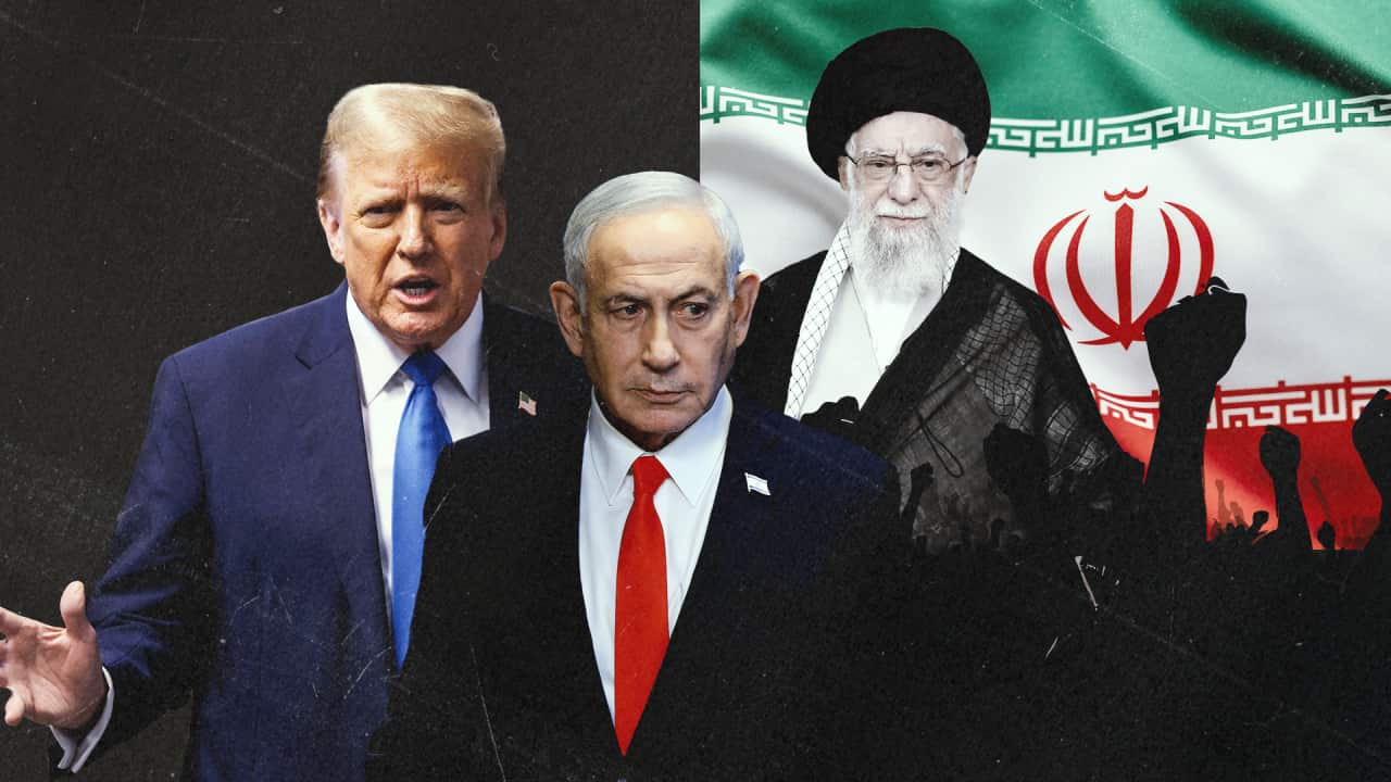 A composite picture of the US and Israeli leaders and the former Ayatollah Khamenei