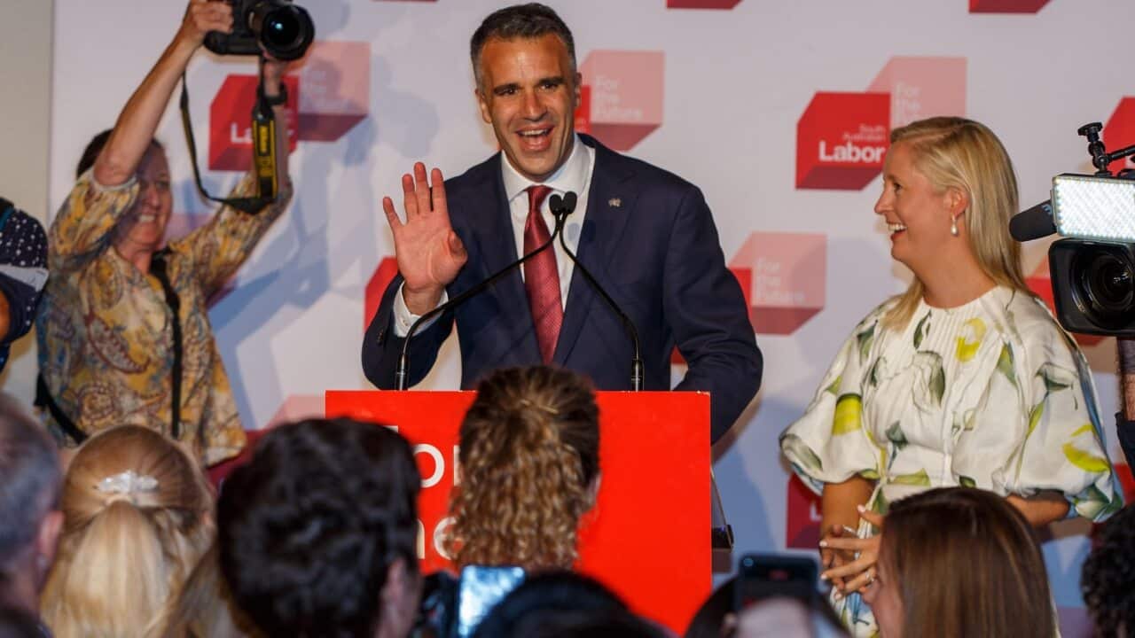 Peter Malinauskas and his wife Annabel SA Labor Leader celebrates victory for Labor during the 2022 State Election at Adelaide Oval in Adelaide, Saturday, March 19, 2022. (AAP Image/Matt Turner) NO ARCHIVING