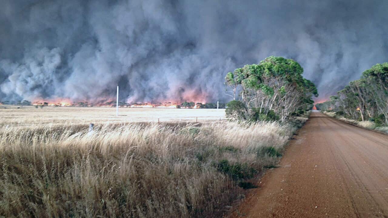 Fire front approaching a property in Scaddan, near Esperance