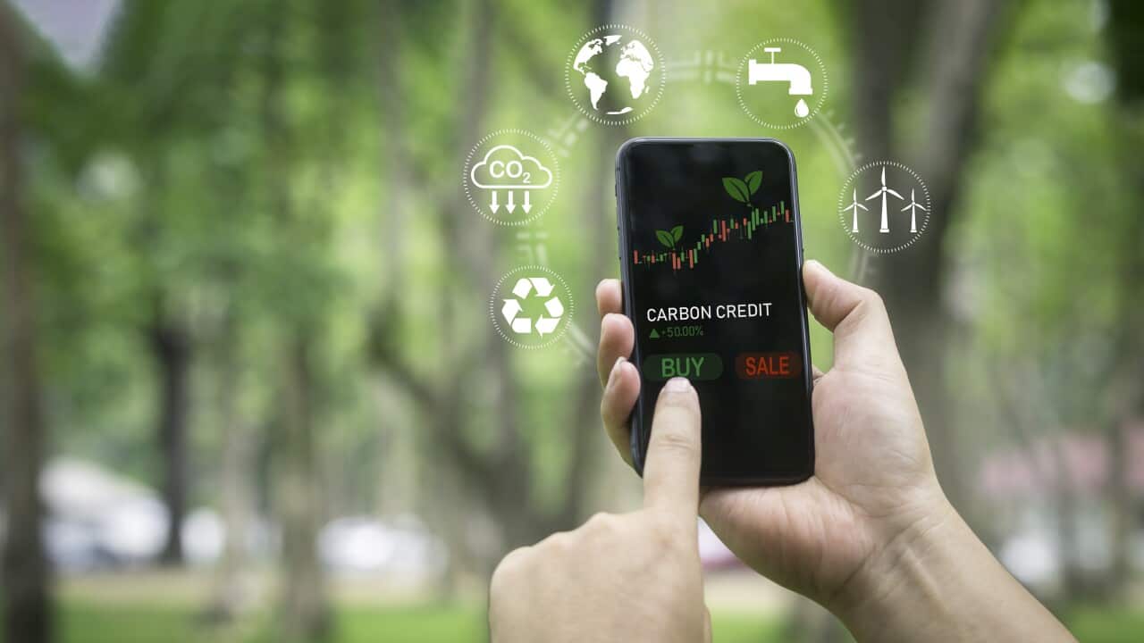 Businessman using smartphone to exchange carbon credits via modern new app clean technology renewable energy world concept
