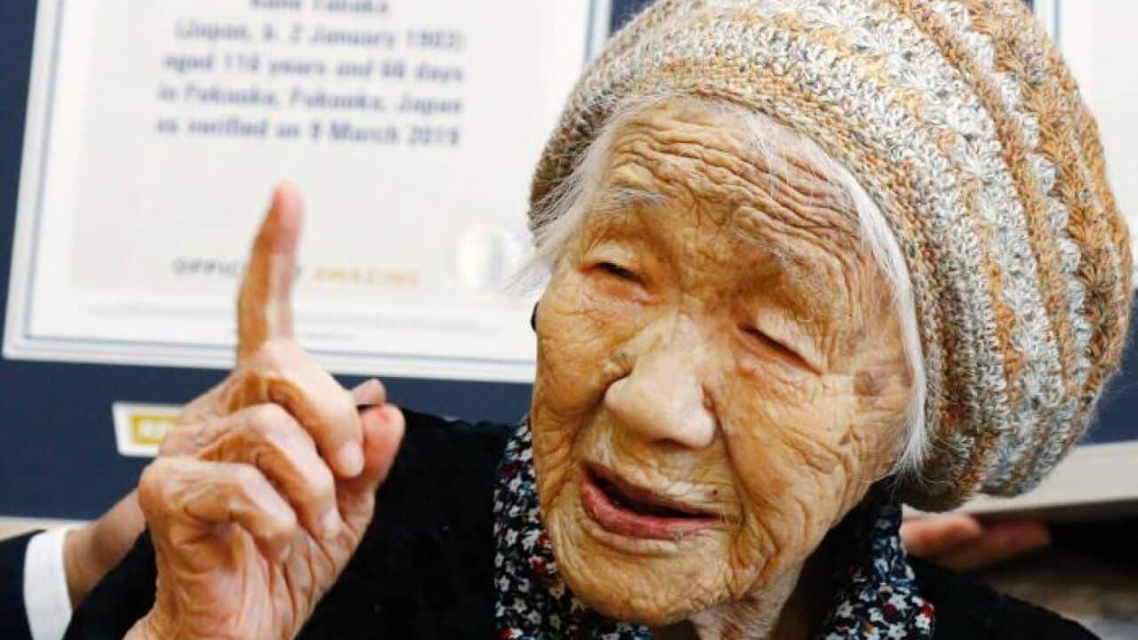Print Email Facebook Twitter More Guinness World Records honours Japanese woman as world's oldest person at 116 Updated 9 Mar 2019, 10:55pm A close up of an elderly woman points upward as she speaks in front of a Guinness World Records certificate.