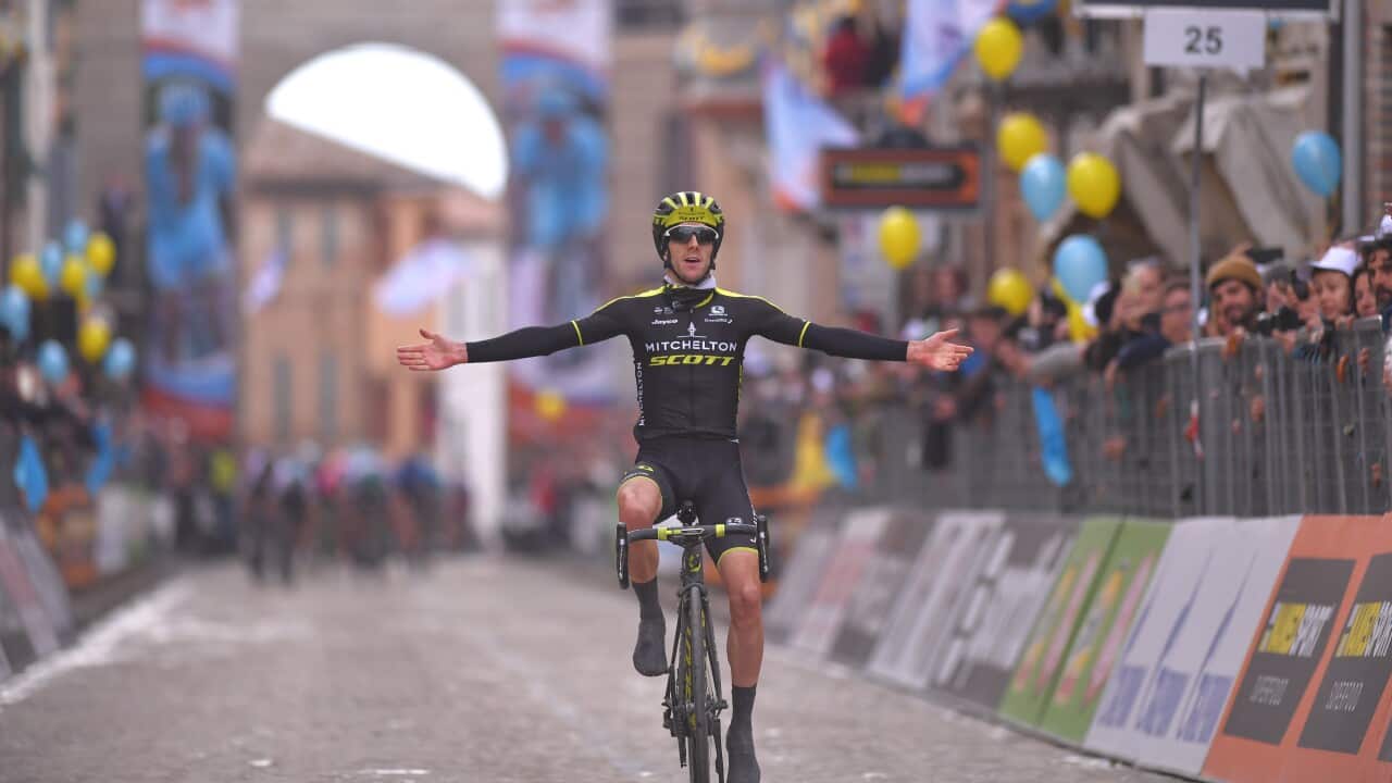 Adam Yates won the fifth stage of the 2018 Tirreno-Adriatico, a stage celebrating the life of Michele Scarponi with the finish in Scarponi's home town Filottrano (Getty)
