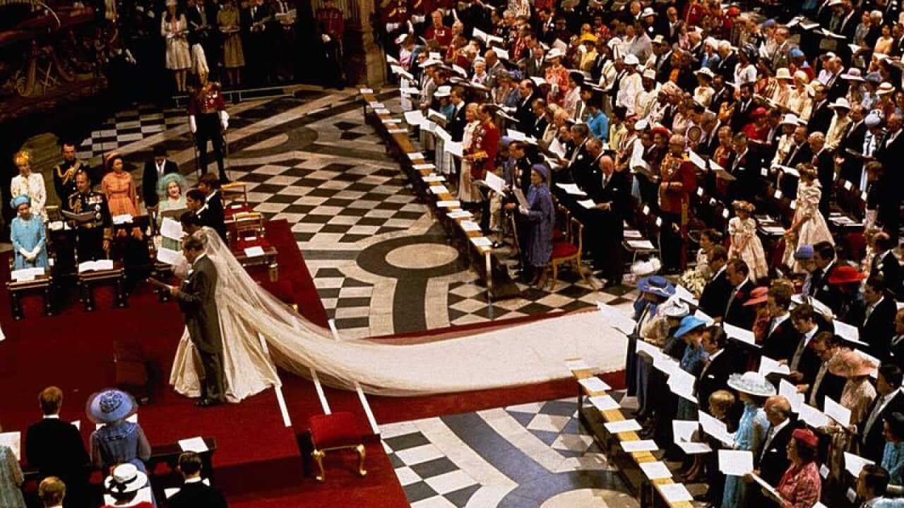 Prince Charles and Lady Diana Spencer at their wedding ceremony.