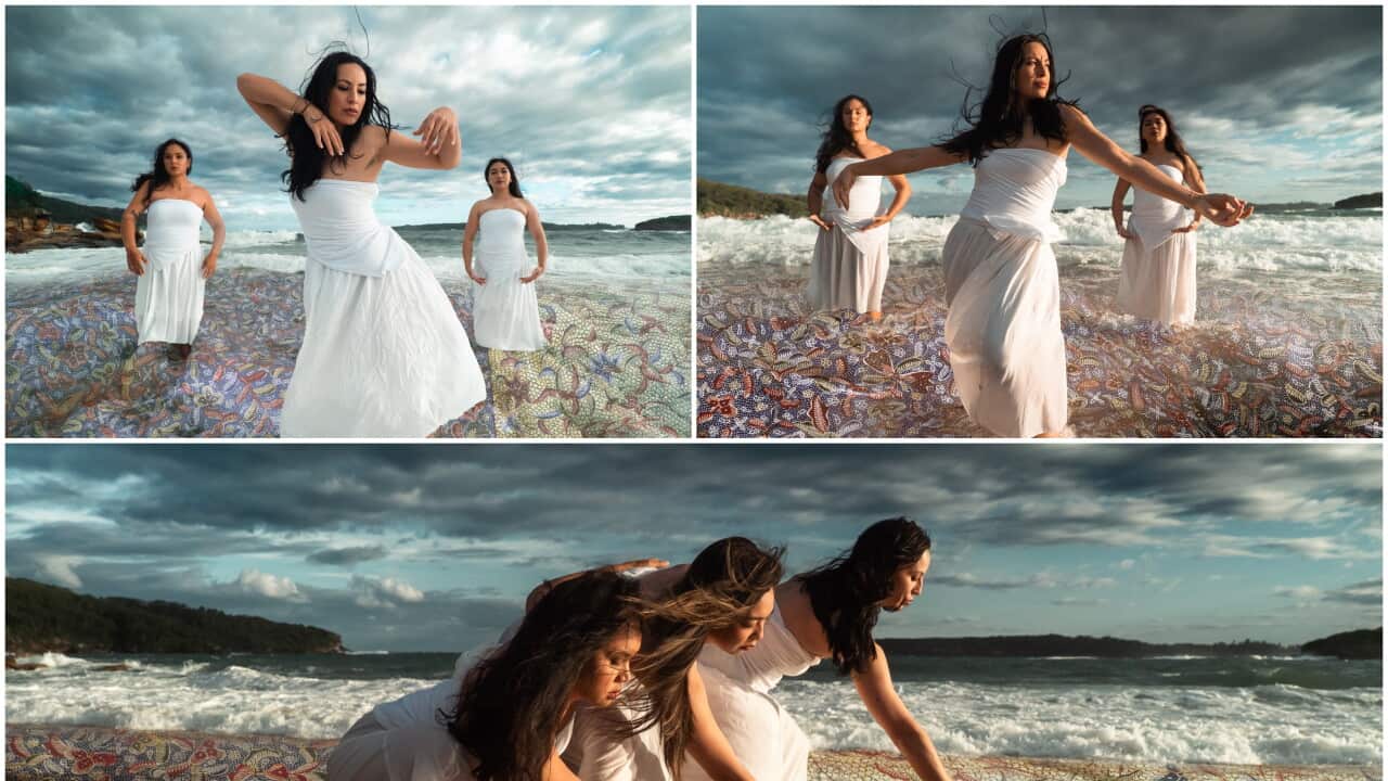 Images of Alfira O’Sullivan (centre) flanked by two Sahul Sunda dancers. Courtesy Sarah Rennie (Sahul Sunda) for Pencelupan – Darwin Festival , 5 – 23 of August 2026.