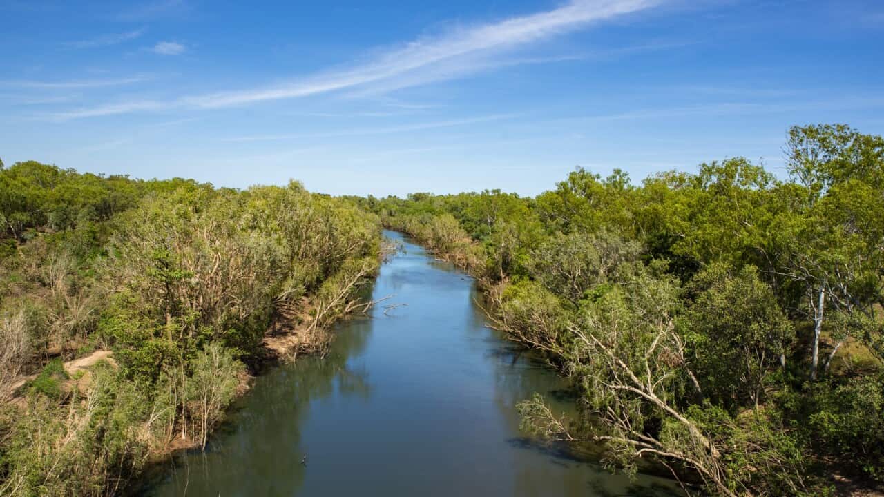 A general view of the Katherine River in Katherine, a town located southeast of Darwin, Northern Territory, Friday, April 23, 2021. (AAP Image/Jodi Bilske) NO ARCHIVING