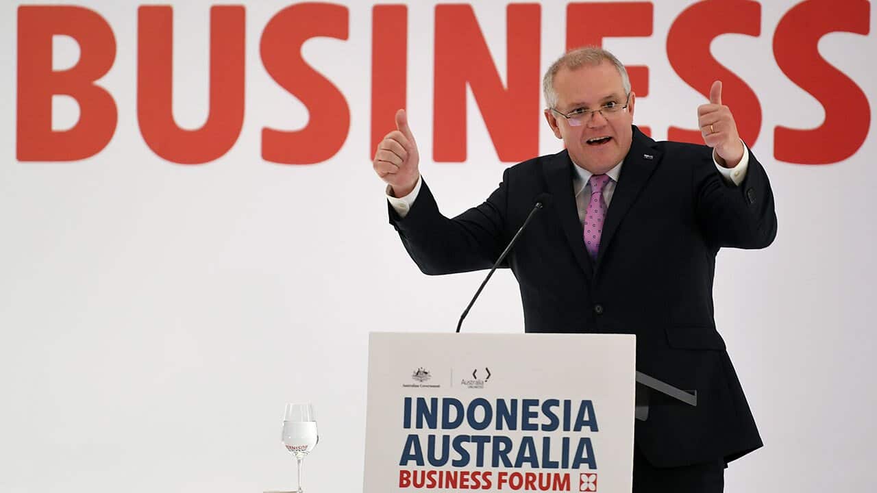 Australian Prime Minister Scott Morrison addresses the Indonesia Australia Business Forum in Jakarta.