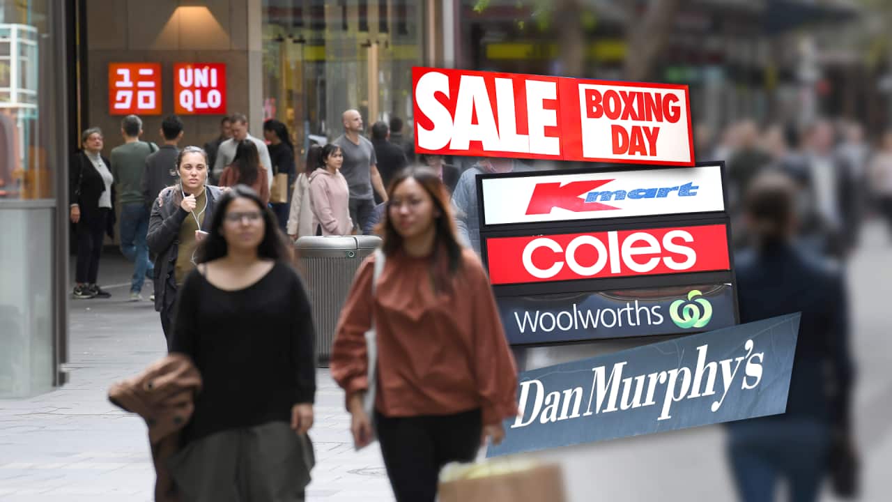 Composite image of shoppers next to various logos.