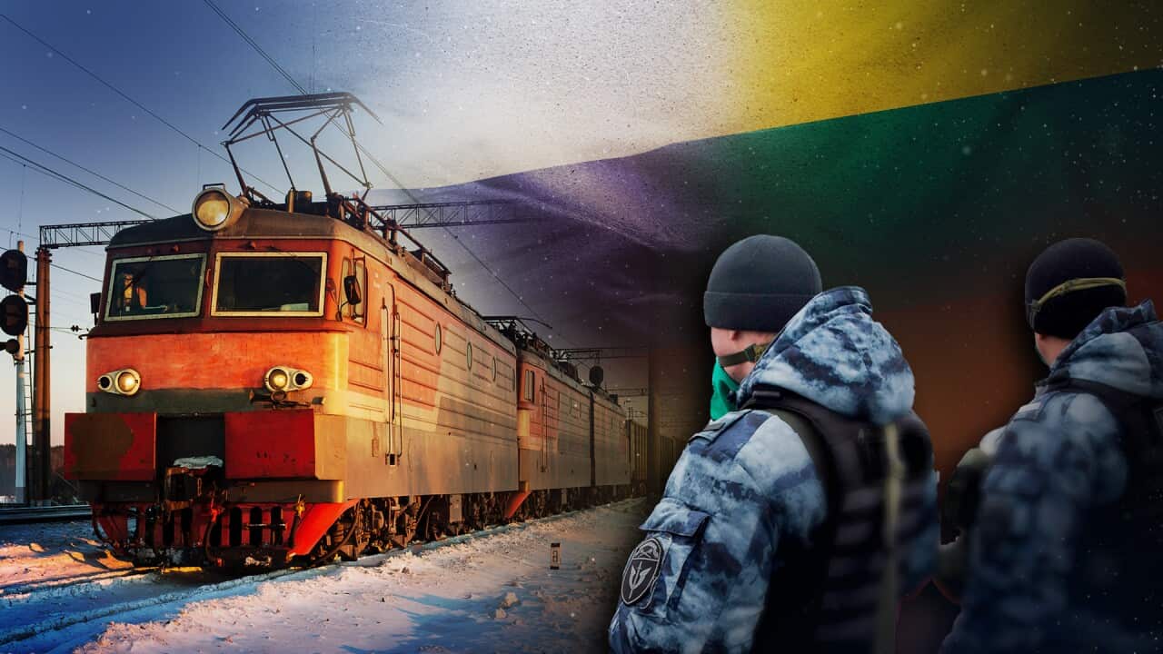 A train carrying goods through Lithuania, and two border guards.