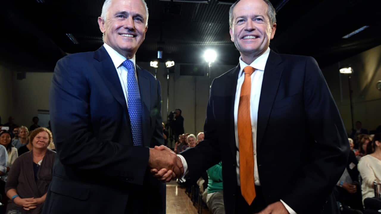 Opposition Leader Bill Shorten (R) and Prime Minister Malcolm Turnbull