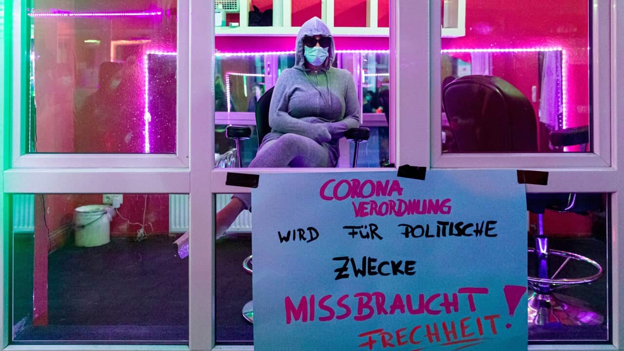 Prostitutes take part in a demonstration to demand the opening of brothels in Saint Pauli red-light district in Hamburg, Germany.