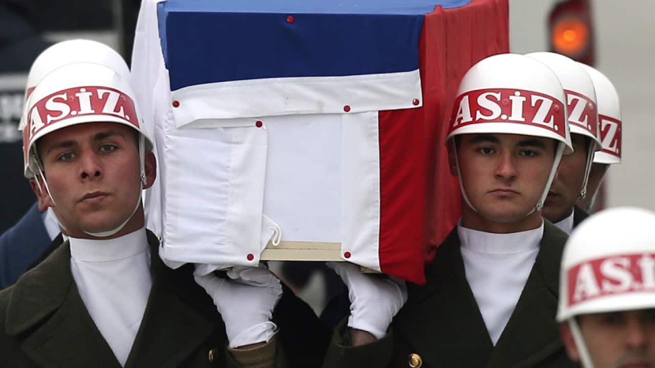 The coffin of Russian Ambassador to Turkey Andrei Karlov