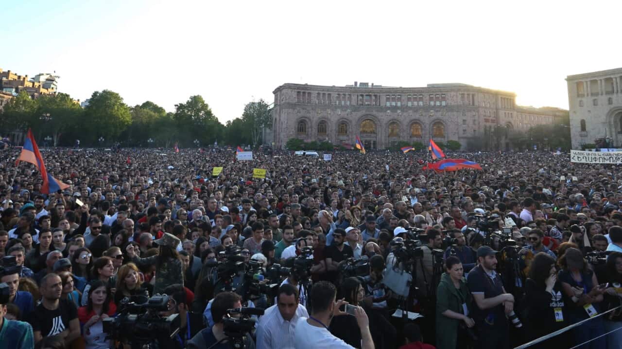 Supporters of the Armenian opposition hold a rally in Yerevan, Armenia, 25 April 2018.