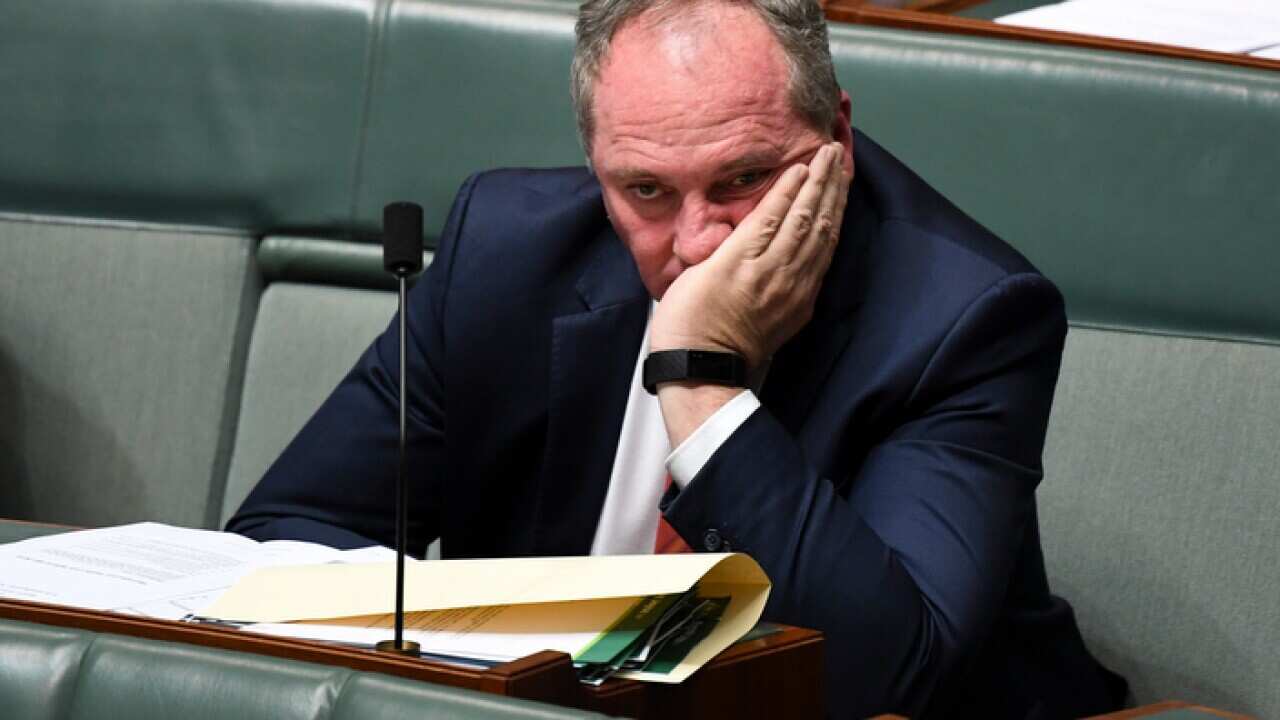 Nationals MP Barnaby Joyce reacts during House of Representatives Question Time at Parliament House in Canberra, Wednesday, July 31, 2019. (AAP Image/Lukas Coch) NO ARCHIVING