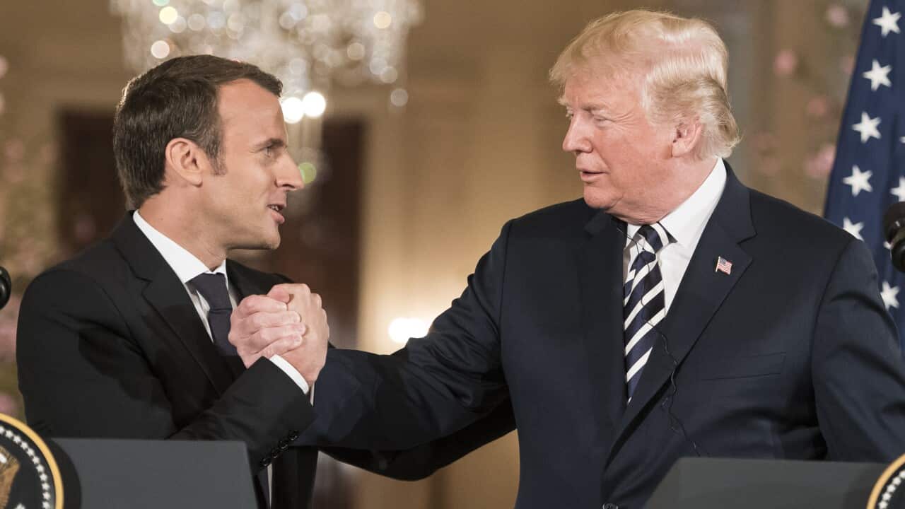 French President Emmanuel Macron and US President Donald Trump shakes hand during a presse conference, in the East Room, at White House, Washington DC on April 25, 2018.
