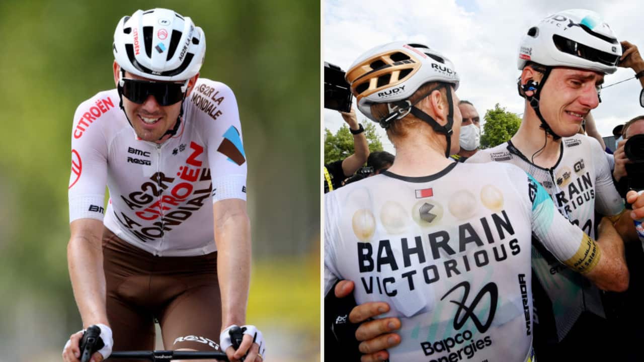 Ben O'Connor of AG2R Citroen (L) and Bahrain Victorious duo Jack Haig and Matej Mohoric