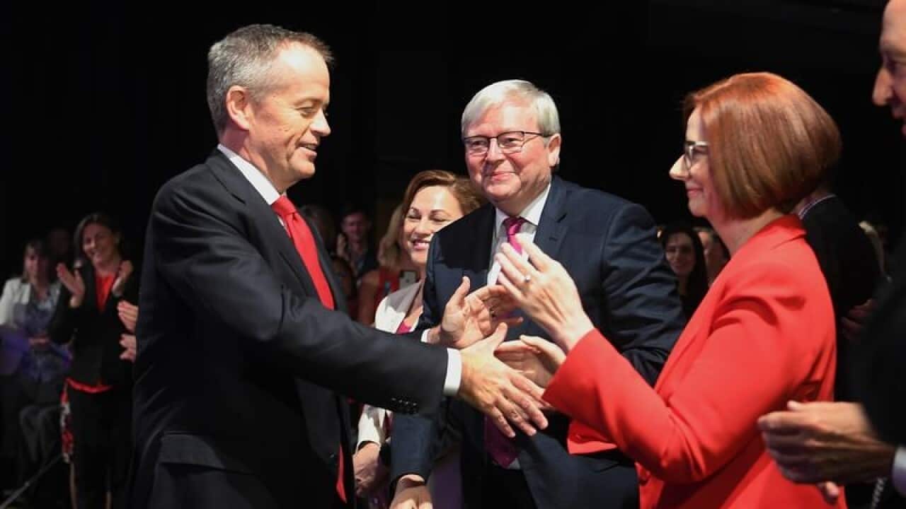 Bill Shorten welcomes ex-Prime Ministers Rudd, Gillard and Keating.