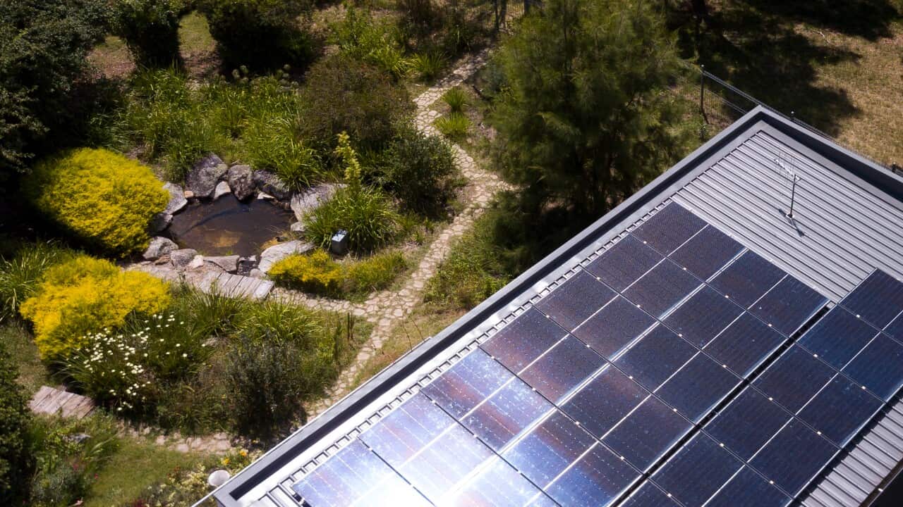 Birds eye view of solar panels on a roof