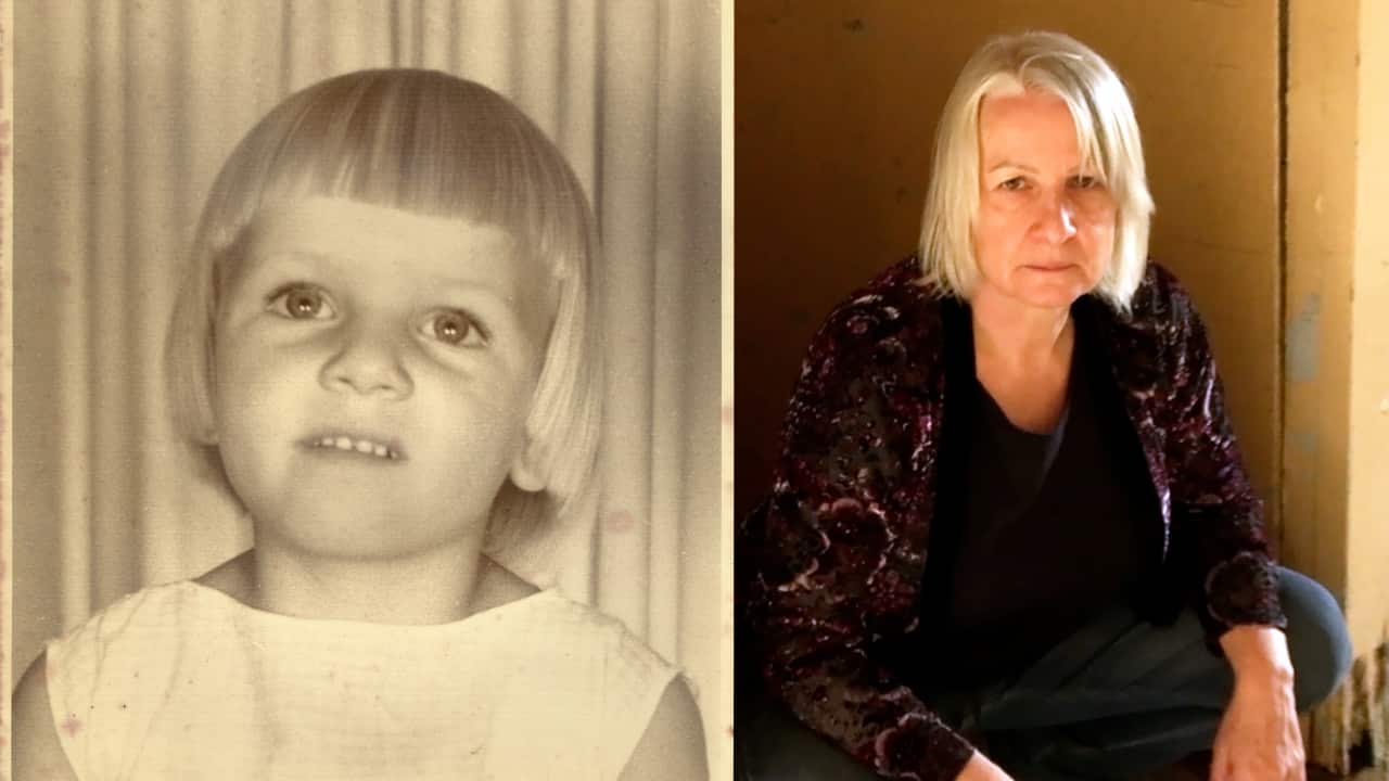 a side by side image. left: a sepia portrait of a blonde girl toddler. right: an older woman with a white bob sitting crossed legged on the floor