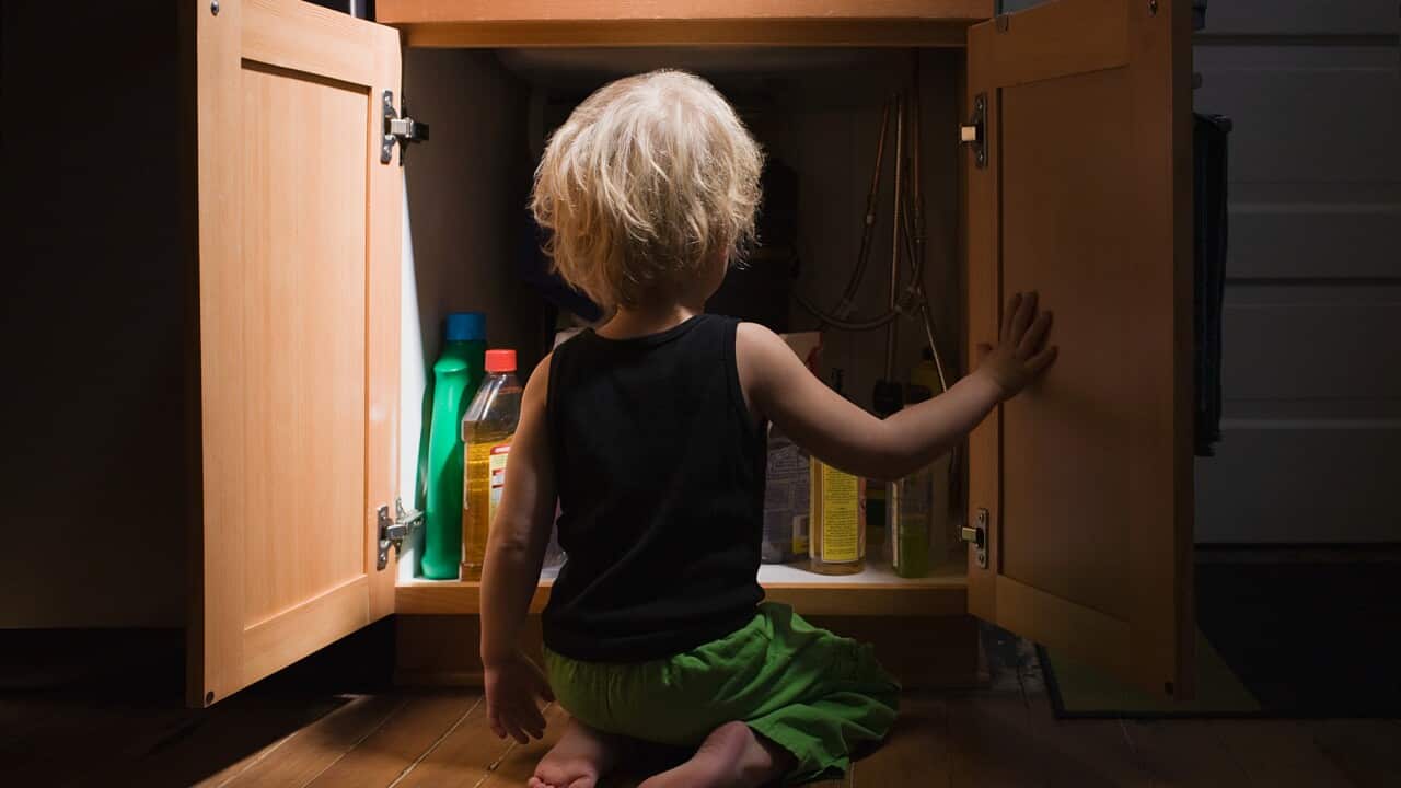 Little boy opening cupboard of cleaning products