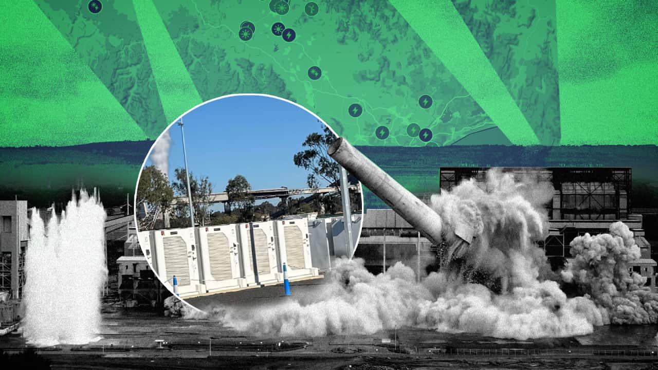 Composite image showing a long tower being demolished, white battery cabinets and an aerial landscape with dots marking particular locations